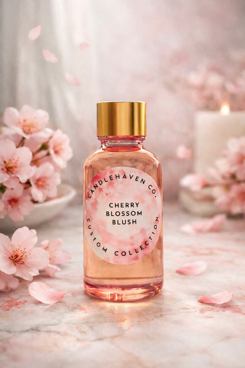 Bottle of Cherry Blossom Blush fragrance oil from Candlehaven.ca with cherry blossoms and a candle in the background.