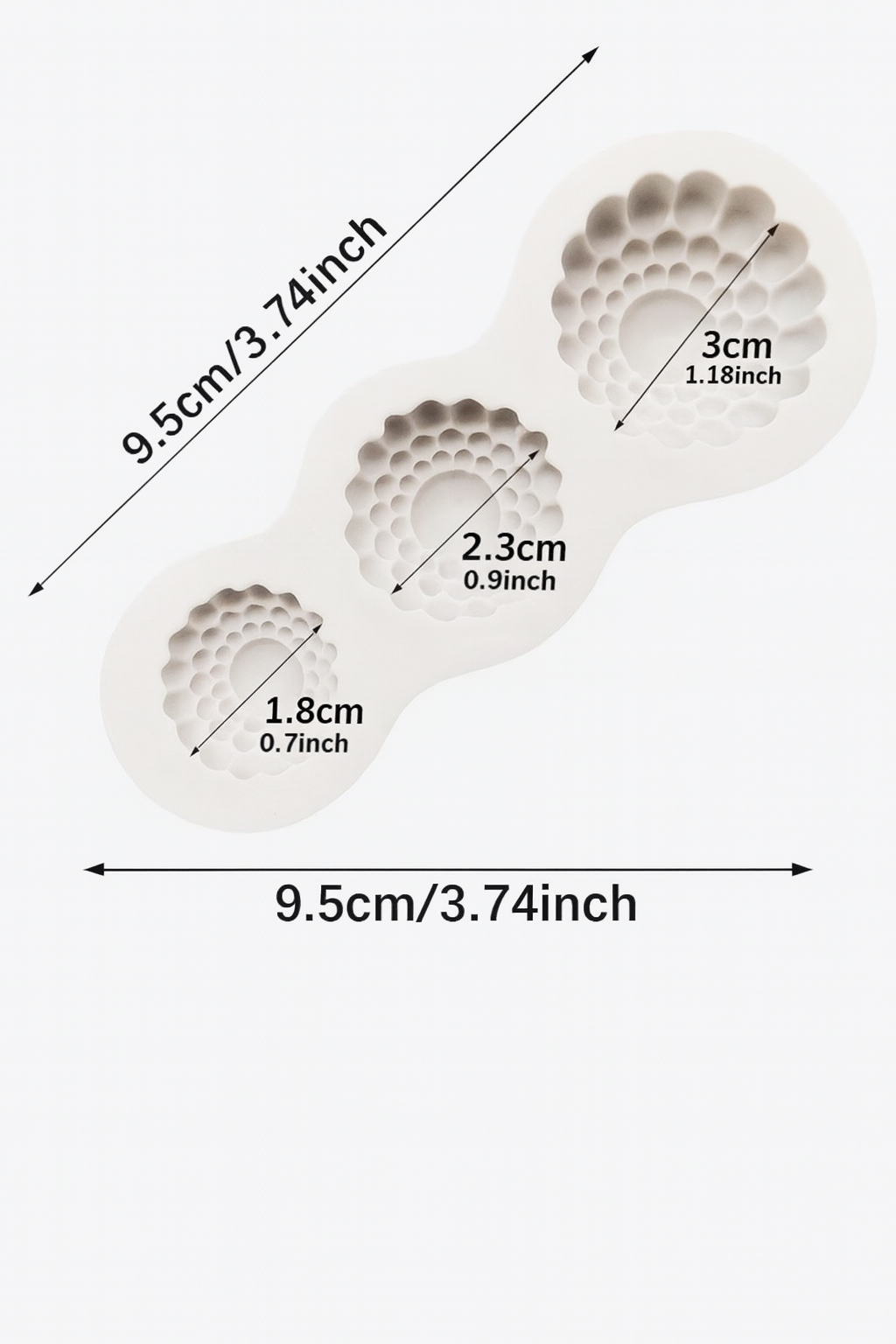 Set of three silicone mold shapes with measurements on a white background