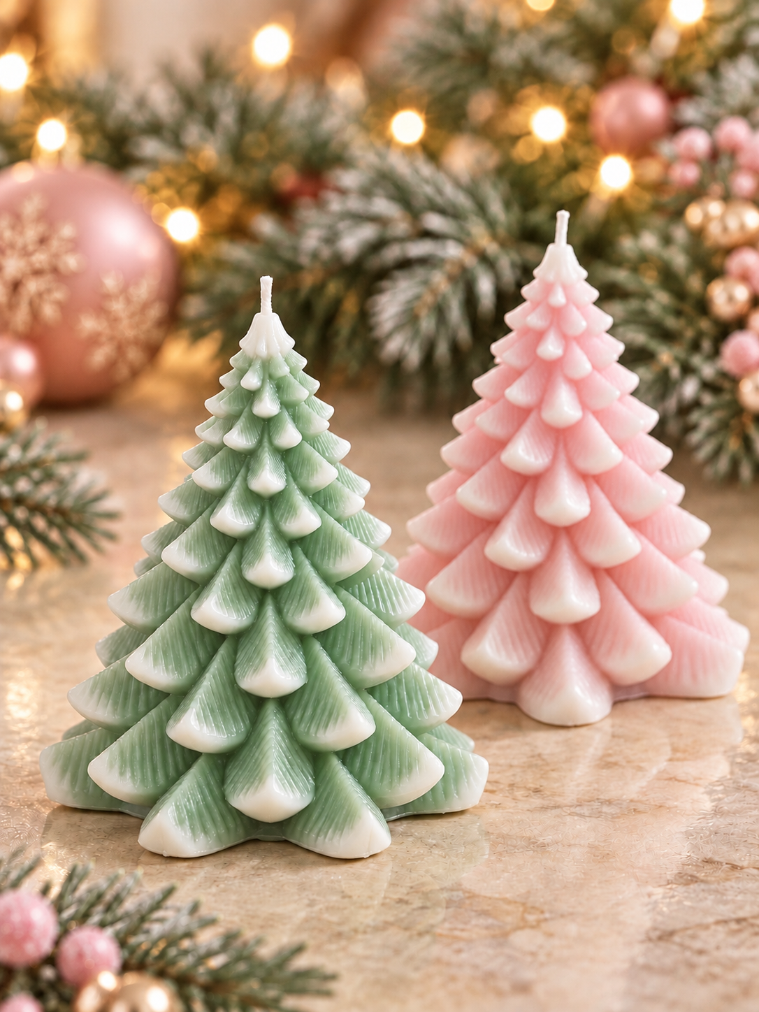 Two Christmas tree-shaped candles, one mint green and one light pink, styled on a marble surface with festive pine branches and warm holiday lights in the background.