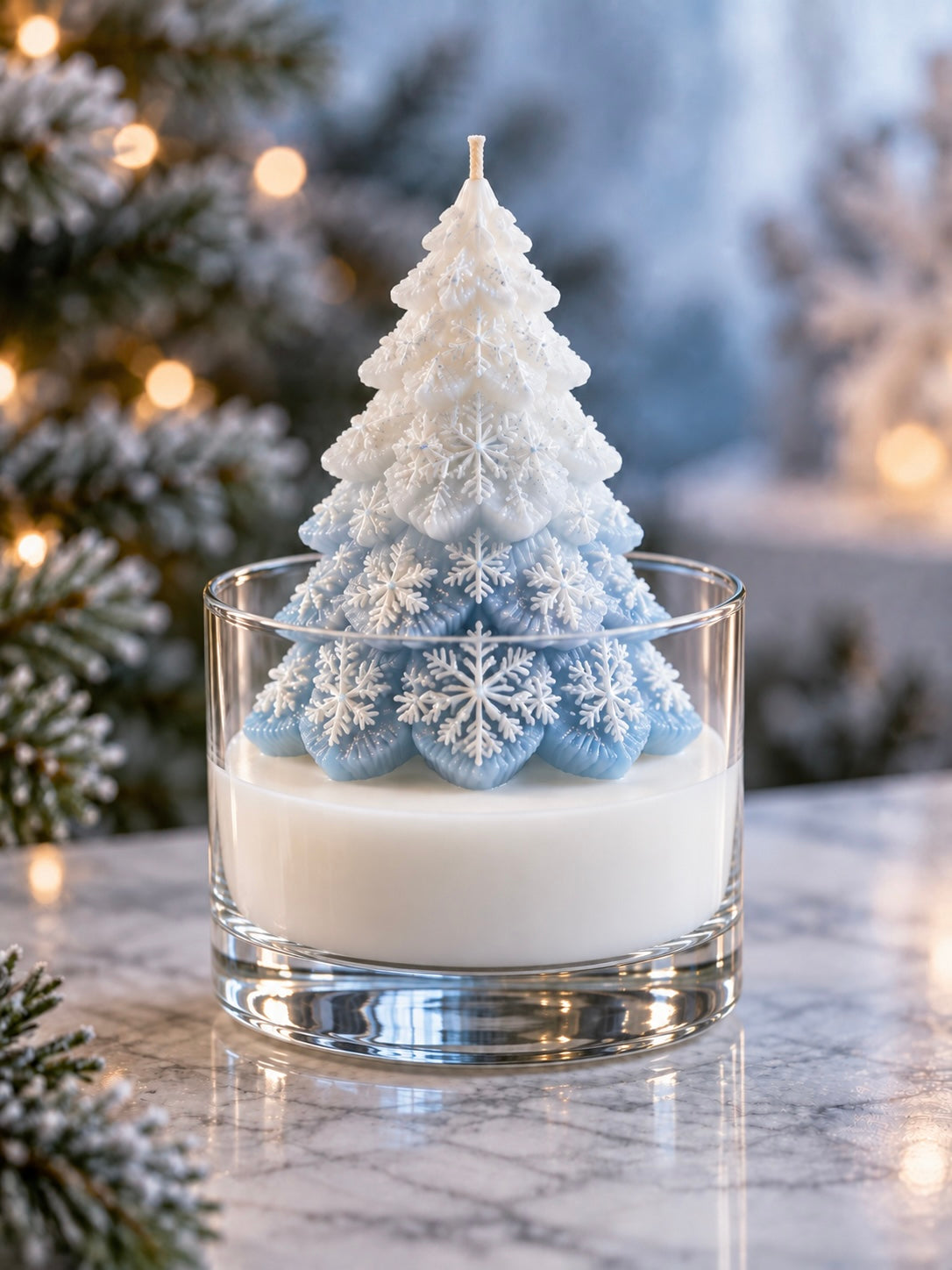 A holiday-themed candle in a clear glass jar, featuring a white and light blue snowflake-patterned Christmas tree on top of a white wax base, set on a marble surface with a blurred festive background.