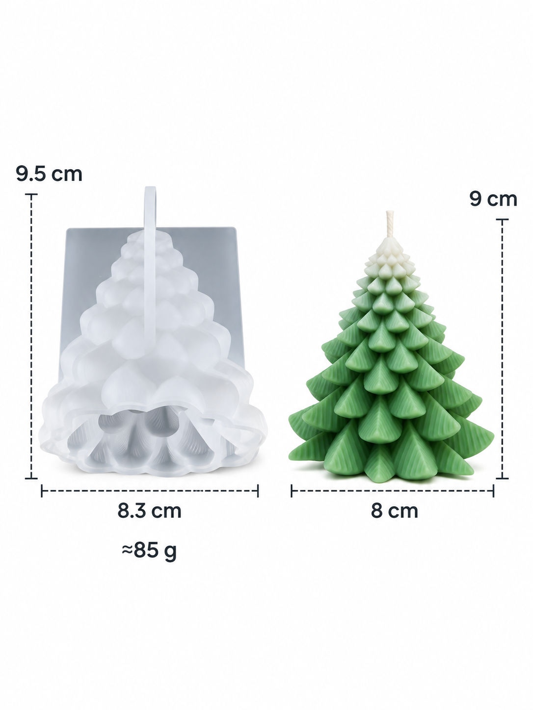 A Christmas tree-shaped candle shown next to its white silicone mold, with dimension lines and text indicating measurements of 9.5 cm, 8.