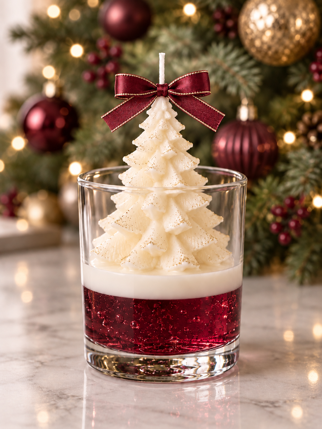 A Christmas-themed layered candle in a clear glass tumbler, featuring a textured white candle tree topped with a dark red ribbon, set over a white band and a glittery deep red base, with a blurred decorated Christmas tree in the background.