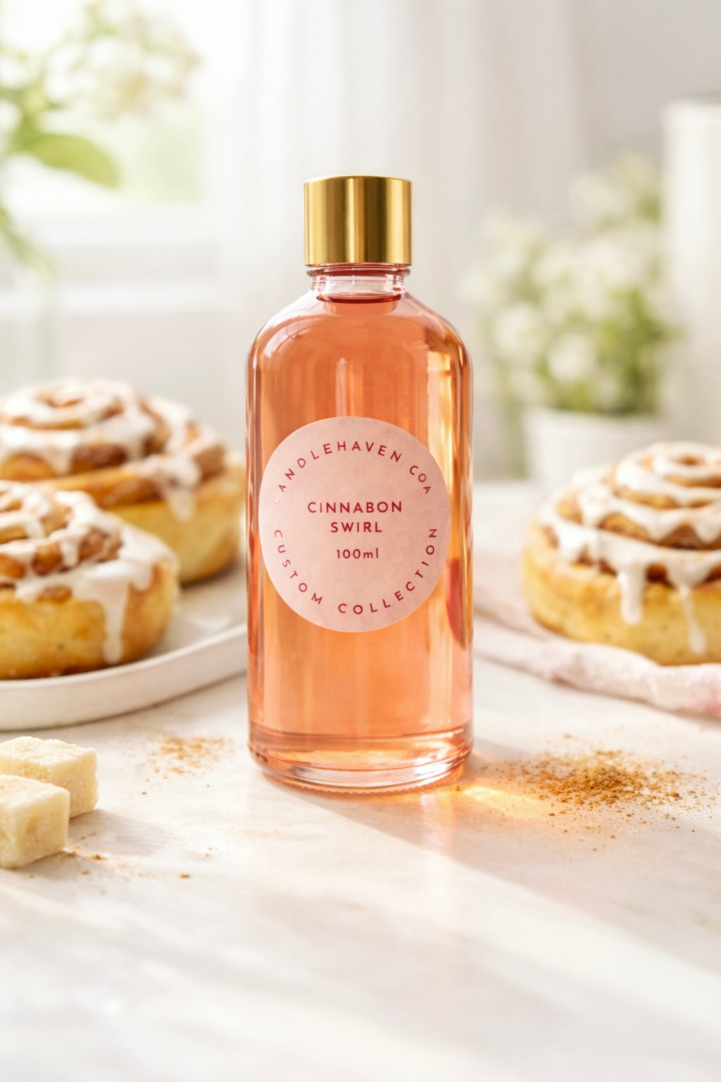 Bottle of 'Cinnamon Swirl' fragrance oil on a surface with cinnamon rolls in the background