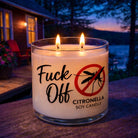 DIY citronella candle in glass vessel glowing outdoors at night, made with soy wax and fragrance oil from Candlehaven Canada