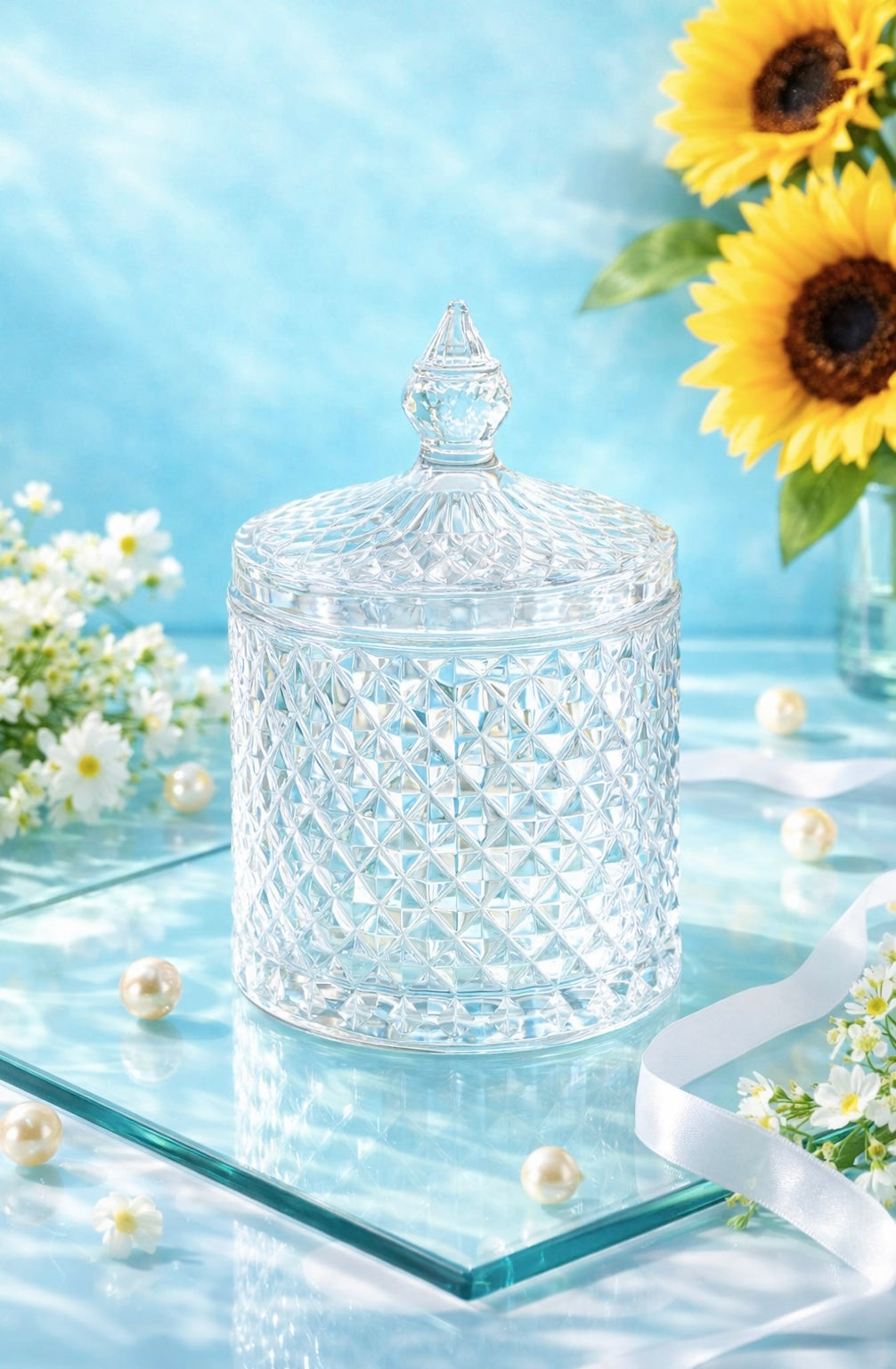 Clear glass geo cut candle vessel with lid on a light blue surface with sunflowers and pearls.