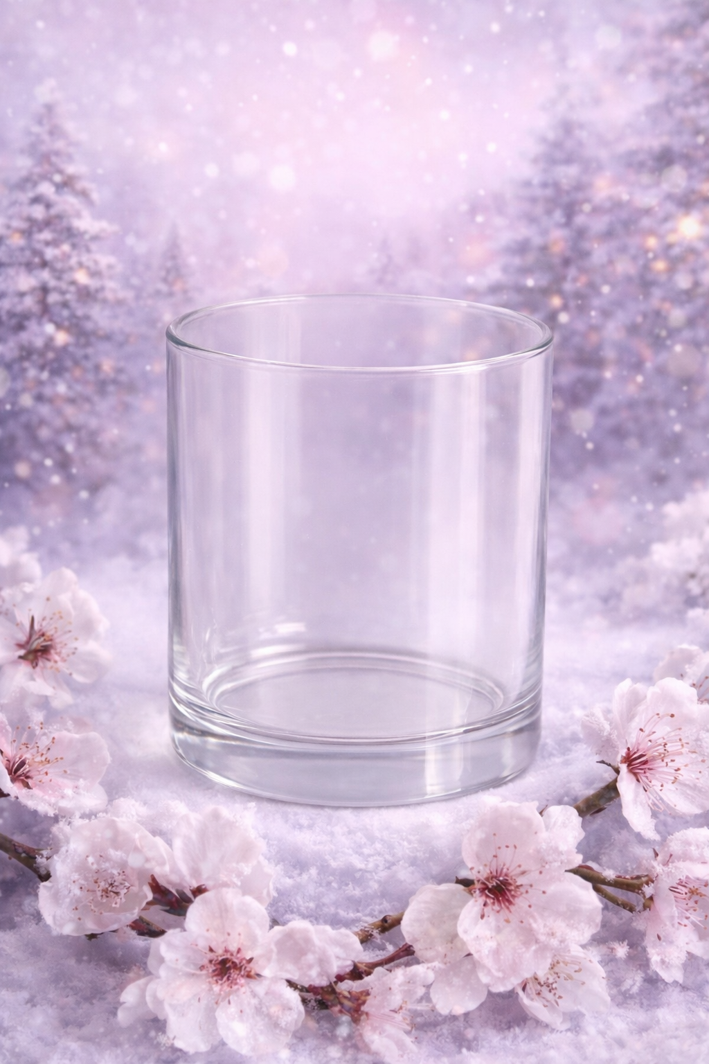 Clear glass candle jar on a snowy background with cherry blossom branches