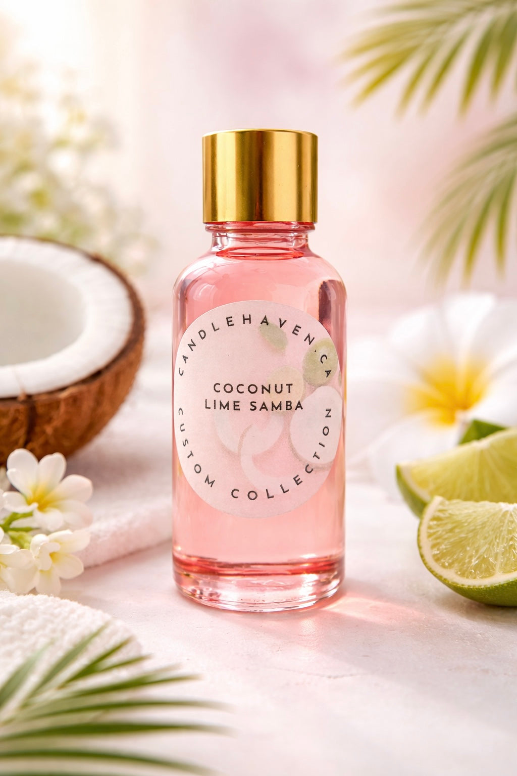 Coconut Lime Samba fragrance oil bottle for Candle making with gold cap on a light background with coconut and lime slices.