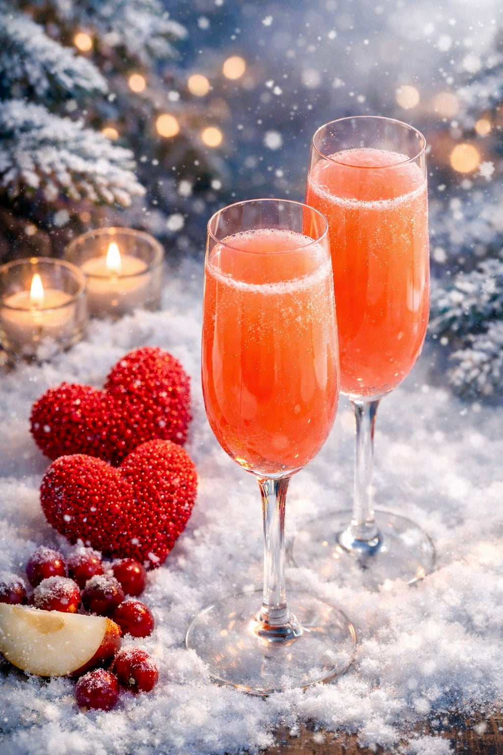 Cranberry Pear Bellini on a snowy surface with heart-shaped candies and candles in the background.