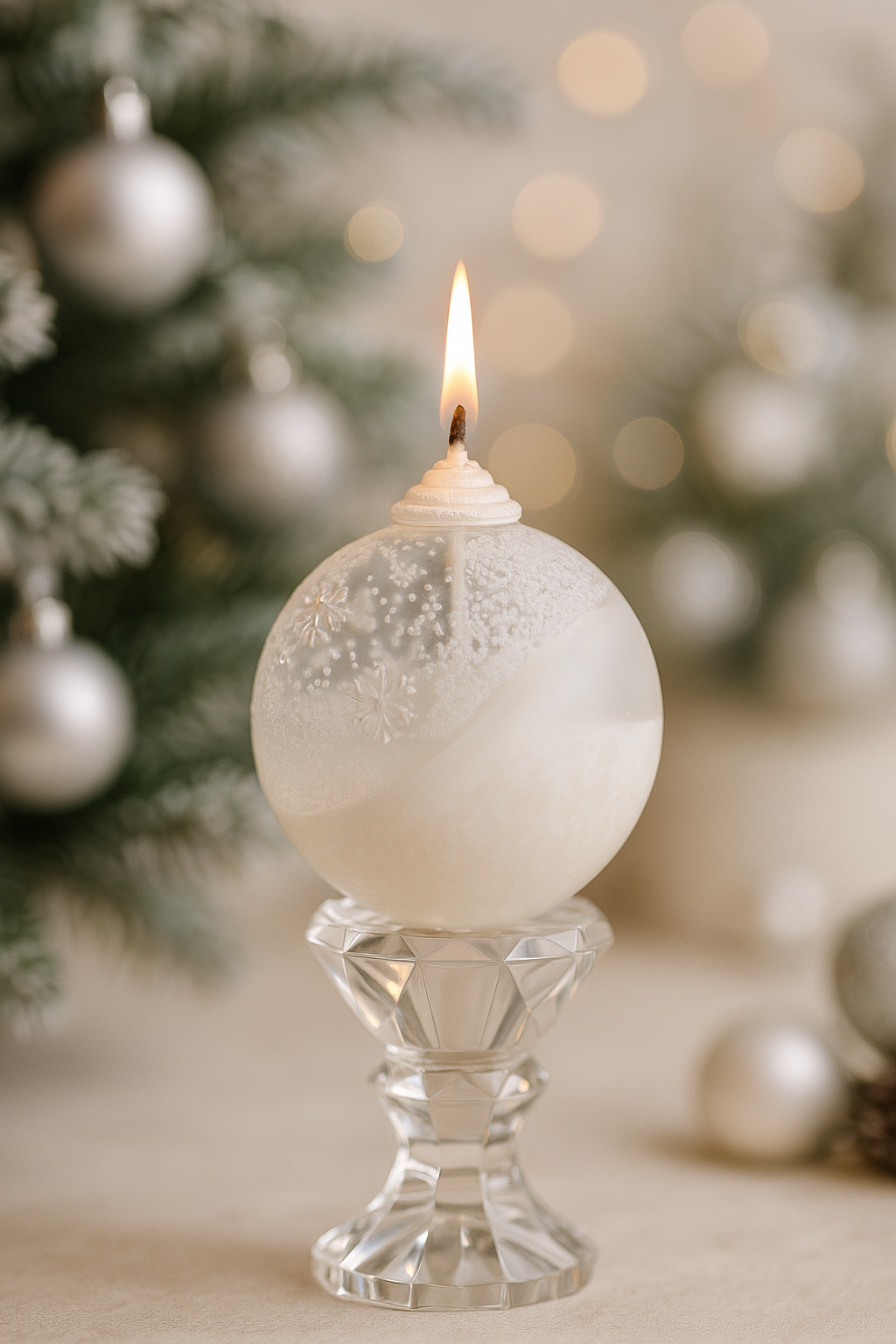 Decorative candle in a glass holder with a blurred Christmas tree in the background made with Christmas Ball Silicone Mold. This product is sold by Candlehaven.ca for candle making in Canada.