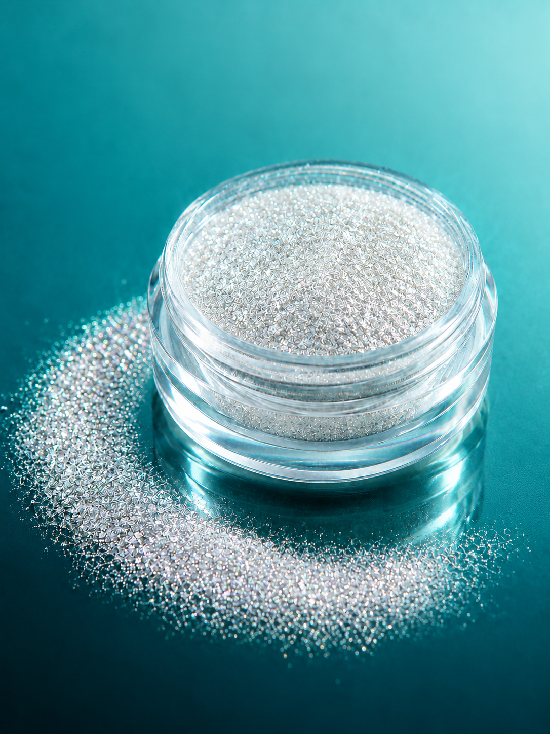 A small clear round jar filled with sparkling white diamond sparkle dust, photographed on a glossy teal background with some of the material spilled around the base.