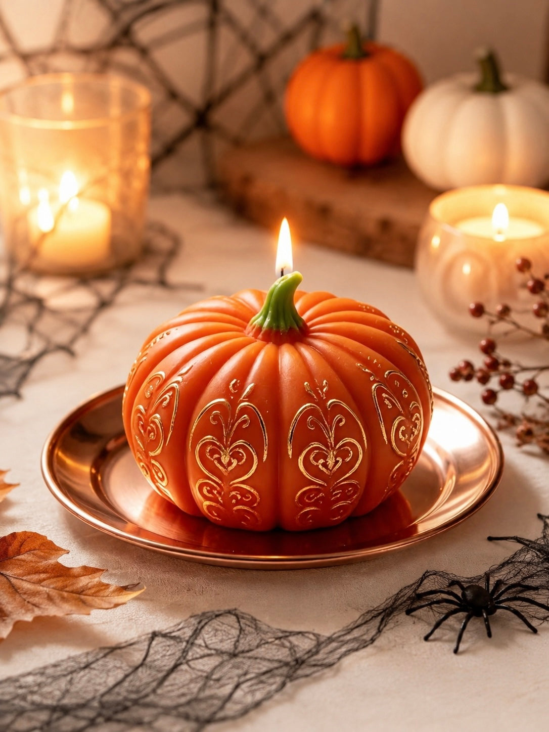An orange pumpkin-shaped candle with carved ornamental patterns sits on a metallic plate, lit with a small flame. The scene is styled for Halloween with candles, spiderwebs, autumn leaves, and small pumpkins in the background.