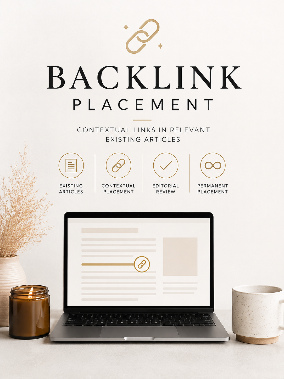 Laptop on a desk with 'Backlink Placement' text and icons on a light background depicting Backlink Placement at Candlehaven.ca