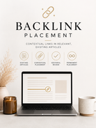 Laptop on a desk with 'Backlink Placement' text and icons on a light background depicting Backlink Placement at Candlehaven.ca