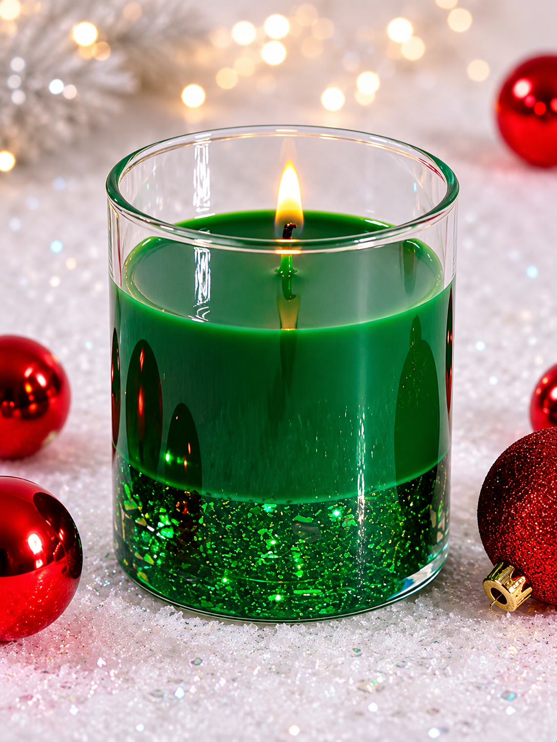 Green candle in a glass container with red ornaments on a glittery surface