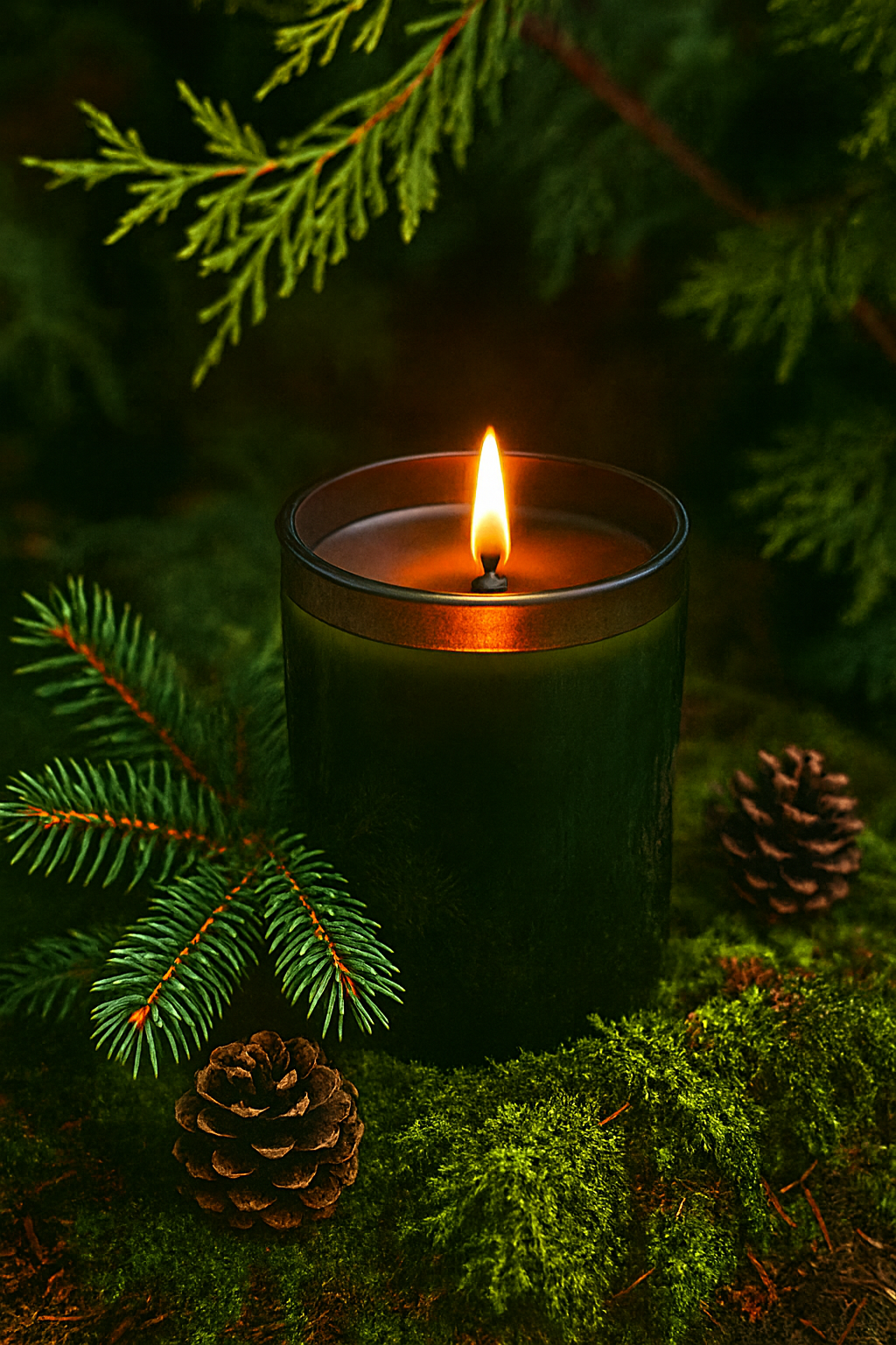 Evergreen After Dark Fragrance for candle making | Candle burning in a dark container with pine branches and cones on a green background