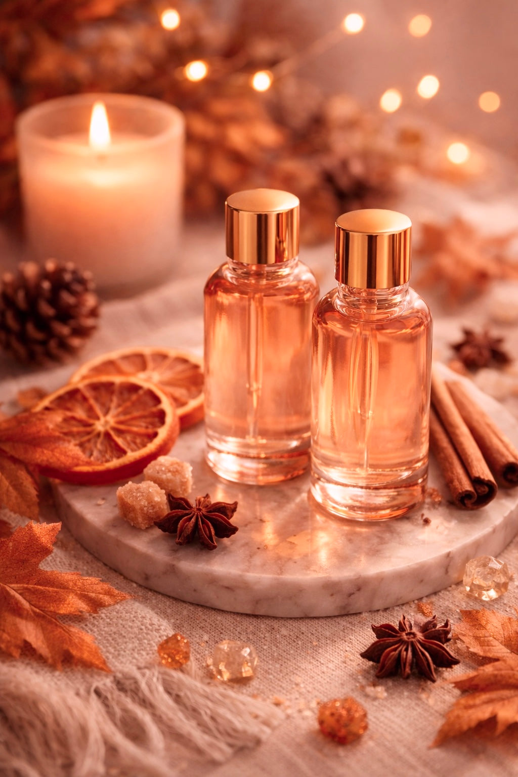Candle fragrance oil bottles on a marble tray with decorative fall elements like candles, fall leaves and spices.