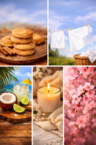 Collage of images including cookies, laundry, beach scene, candle, and cherry blossoms. These images are depicting fragrance oils for candle making and soap making