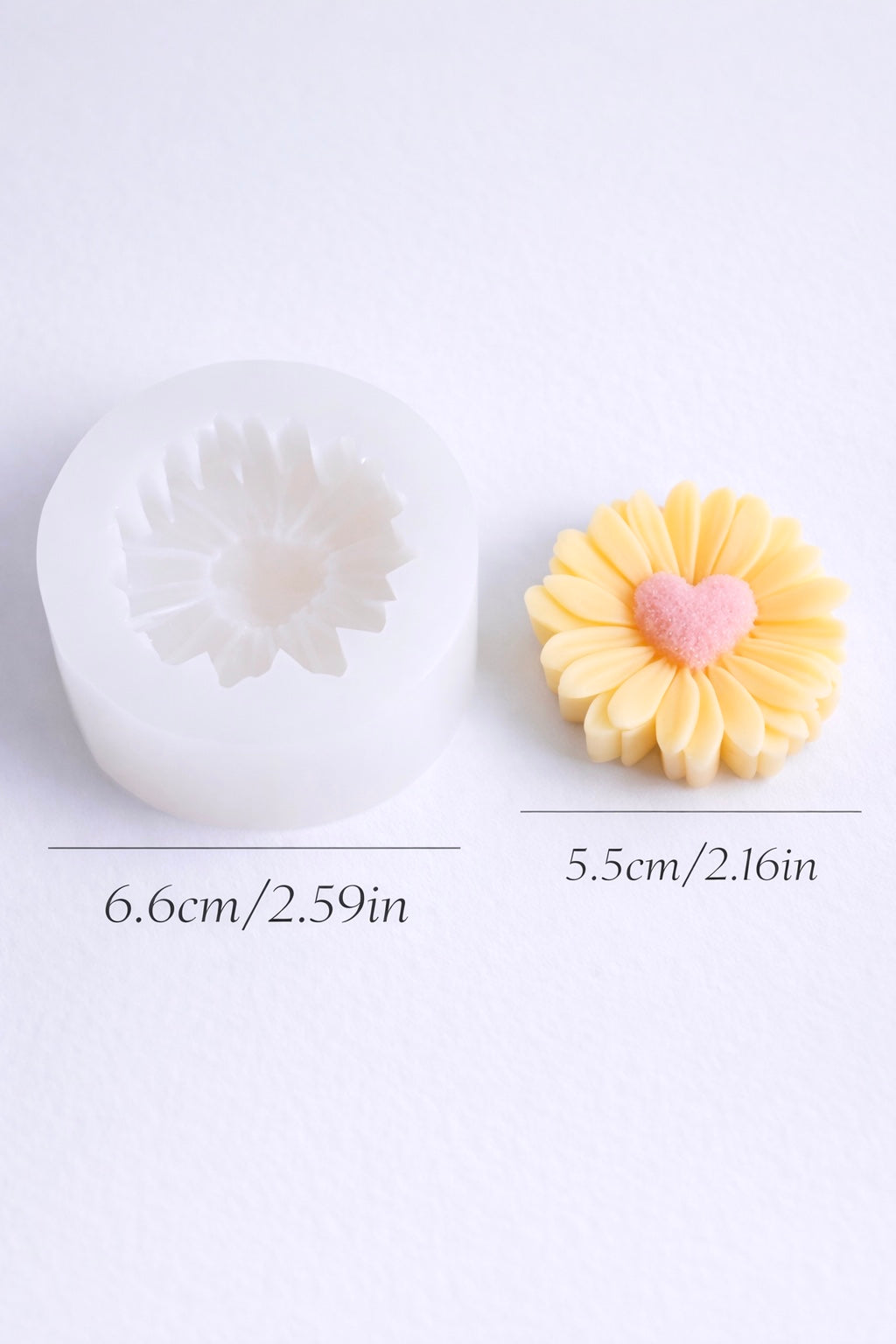 Silicone mold shaped like a flower with a heart in the center, used in candle making and soap making 