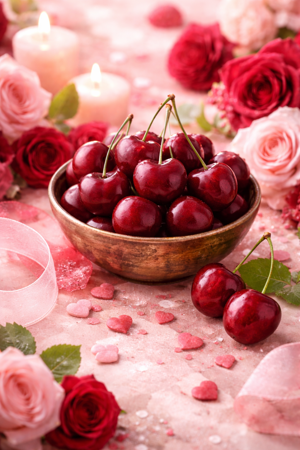 Forbidden Cherry Valentine fragrance  Canada | Bowl of cherries surrounded by roses and heart-shaped candies on a pink background