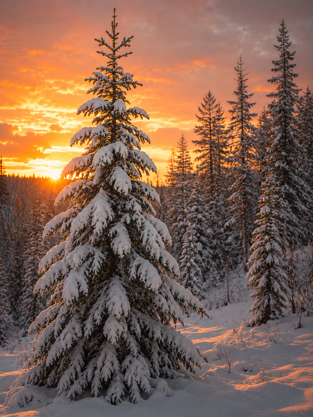 A snow-covered evergreen tree in a winter forest at sunset, with orange and pink sky lighting reflecting on the snow and trees. This picture depicts Frostbitten Pines, a fragrance oil for candle making by Candlehaven.ca