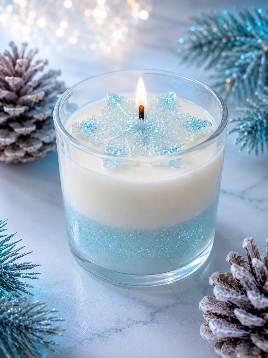 Candle with blue and white design on a marble surface with decorative elements