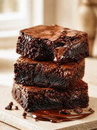Three stacked chocolate brownies on a light stone surface with melted chocolate drizzle, depicting a fragrance oil for candle making.