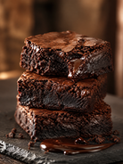 Three stacked chocolate brownies on a dark slate surface with glossy chocolate sauce in the foreground and a softly blurred warm brown background.