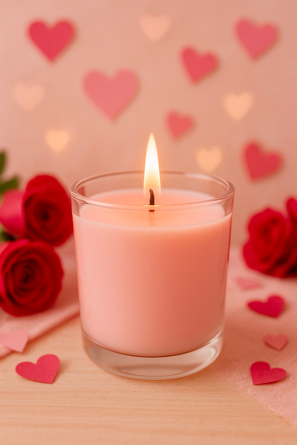 Valentines candle supplies canada | Pink candle in a glass jar with red roses and heart-shaped decorations on a soft pink background