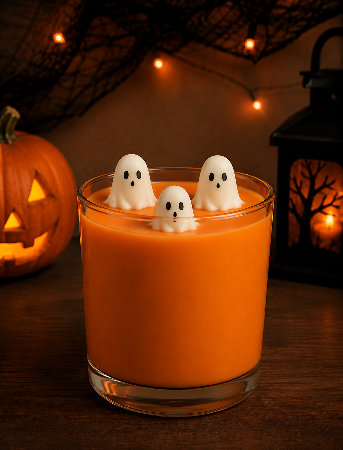 orange wax container candle with ghost-shaped candles top on a Halloween-themed background