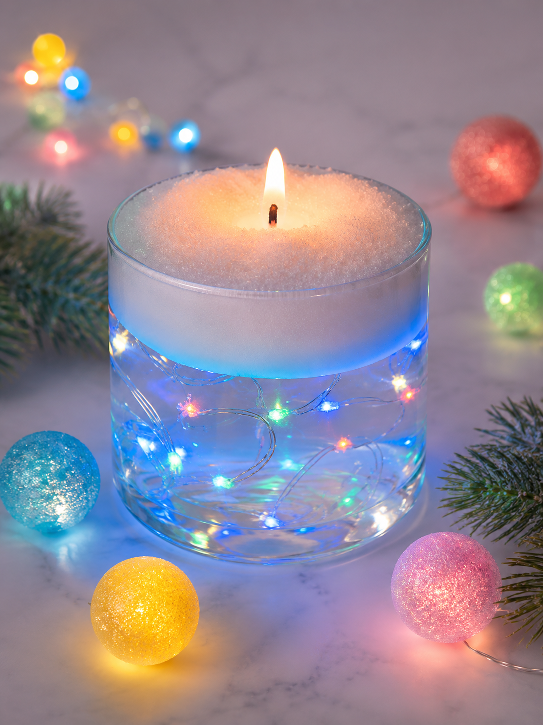 Candle in a glass jar with colorful lights and decorative balls on a marble surface