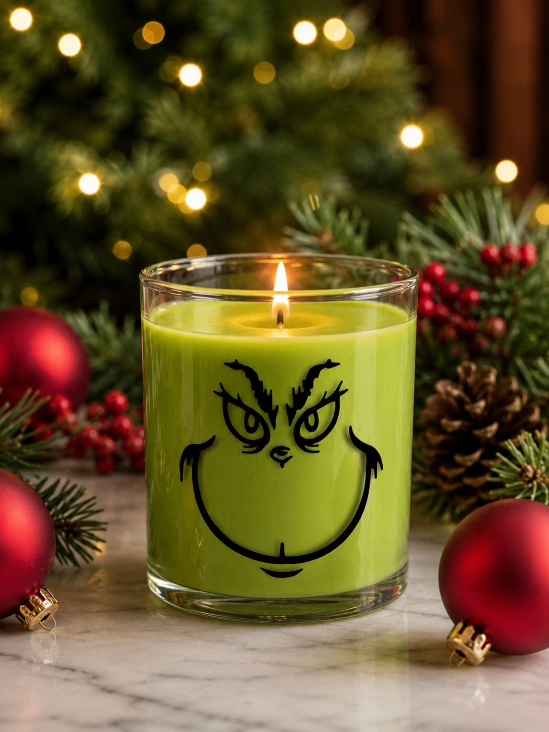 Green candle with Grinch face decal on it in front of a Christmas tree and decorations