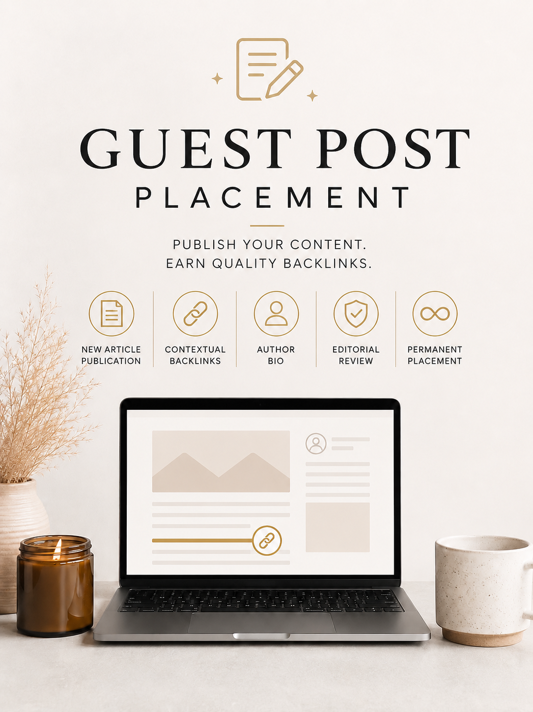 Laptop on a desk with a screen displaying a website, surrounded by decorative items like a candle and mug depicting a Guest Post Placement at Candlehaven.ca