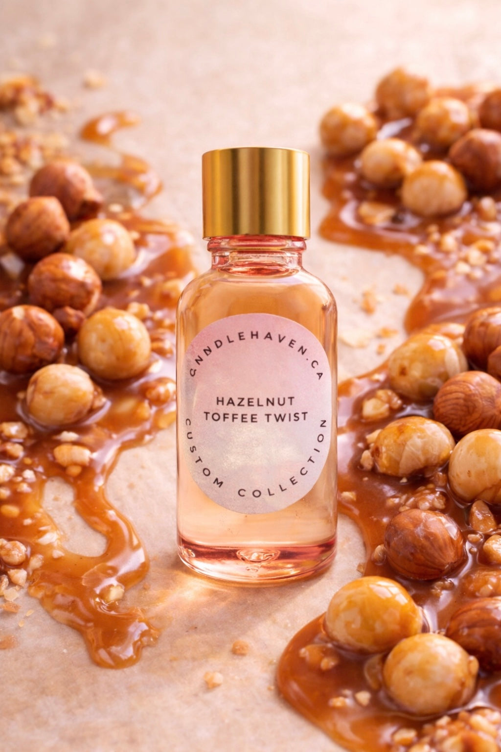 Bottle of 'Hazelnut Toffee Twist' with hazelnuts and caramel on a light background