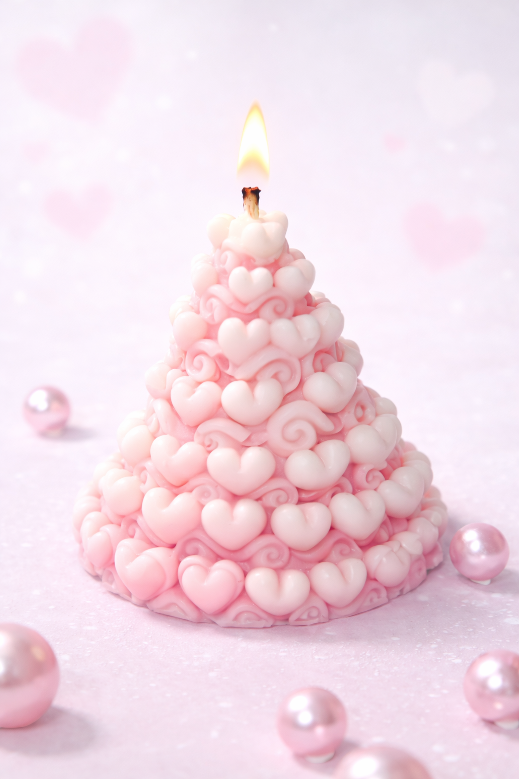 heart tree mold canada | Pink heart-shaped candle with a lit wick on a light pink background with scattered pearls.