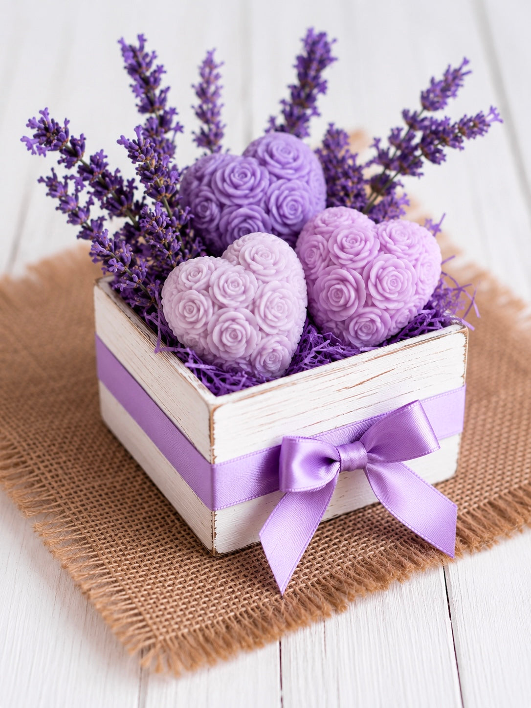 Decorative box with purple wax hearts and lavender flowers on a wooden surface