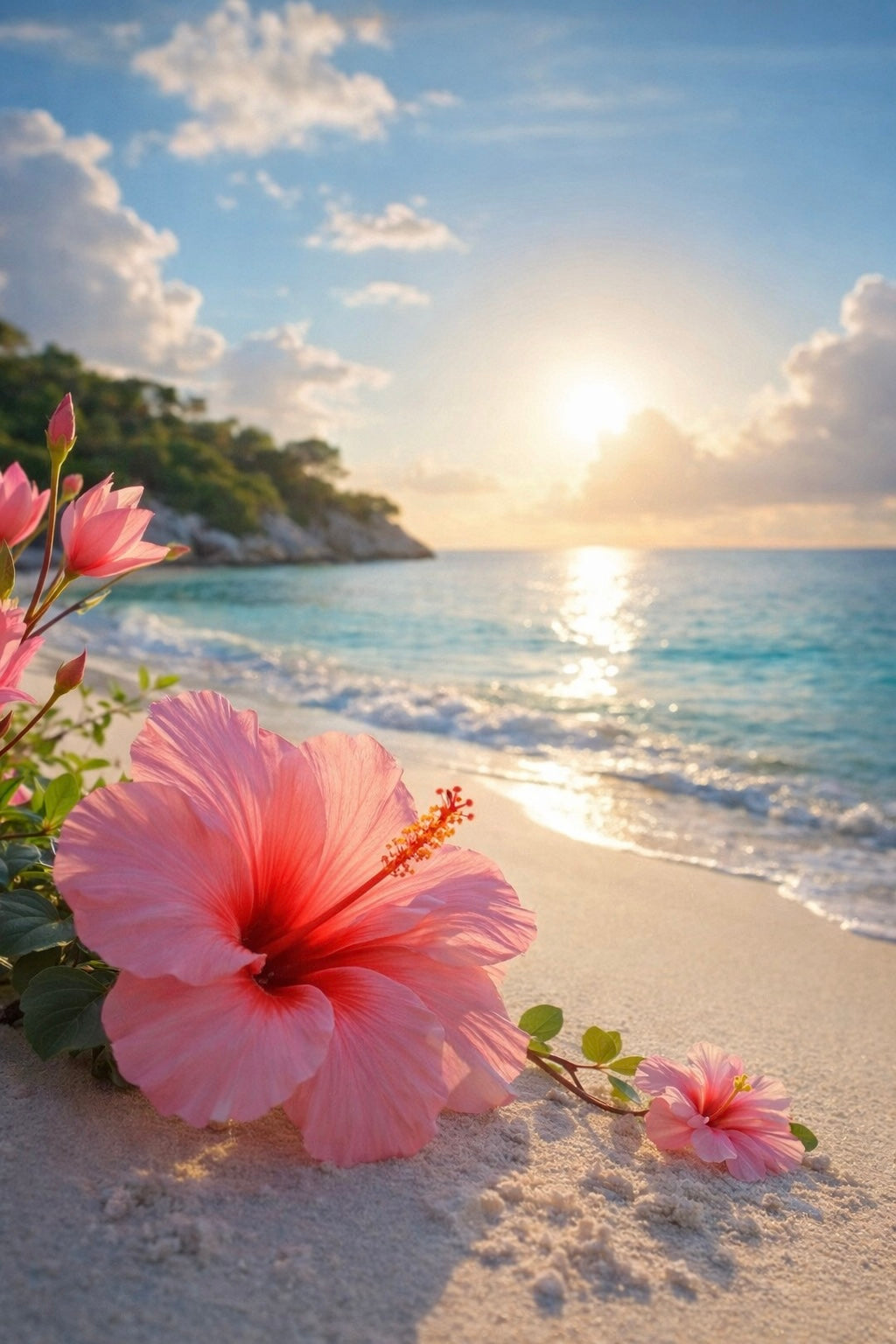 Pink hibiscus flower on a sandy beach with ocean and sunset in the background