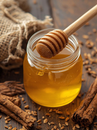 Honey Tobacco fragrance oil for candle making | Jar of honey with a wooden honey dipper on a wooden surface with cinnamon sticks and tobacco