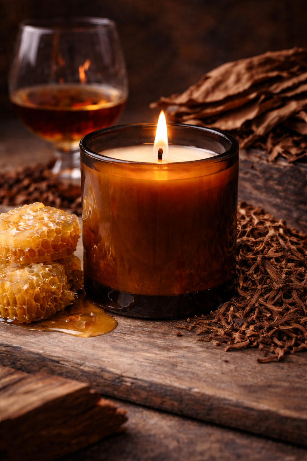 Candle in a glass jar scented with honeyed tobacco fragrance oil
