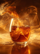 Glass of amaretto with flames and smoke to depict honey and tobacco, a fragrance oil for candle making