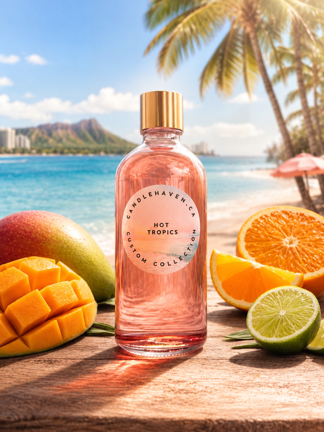 Candlehaven Hot Tropics candle fragrance oil bottle with tropical fruits on a beach setting