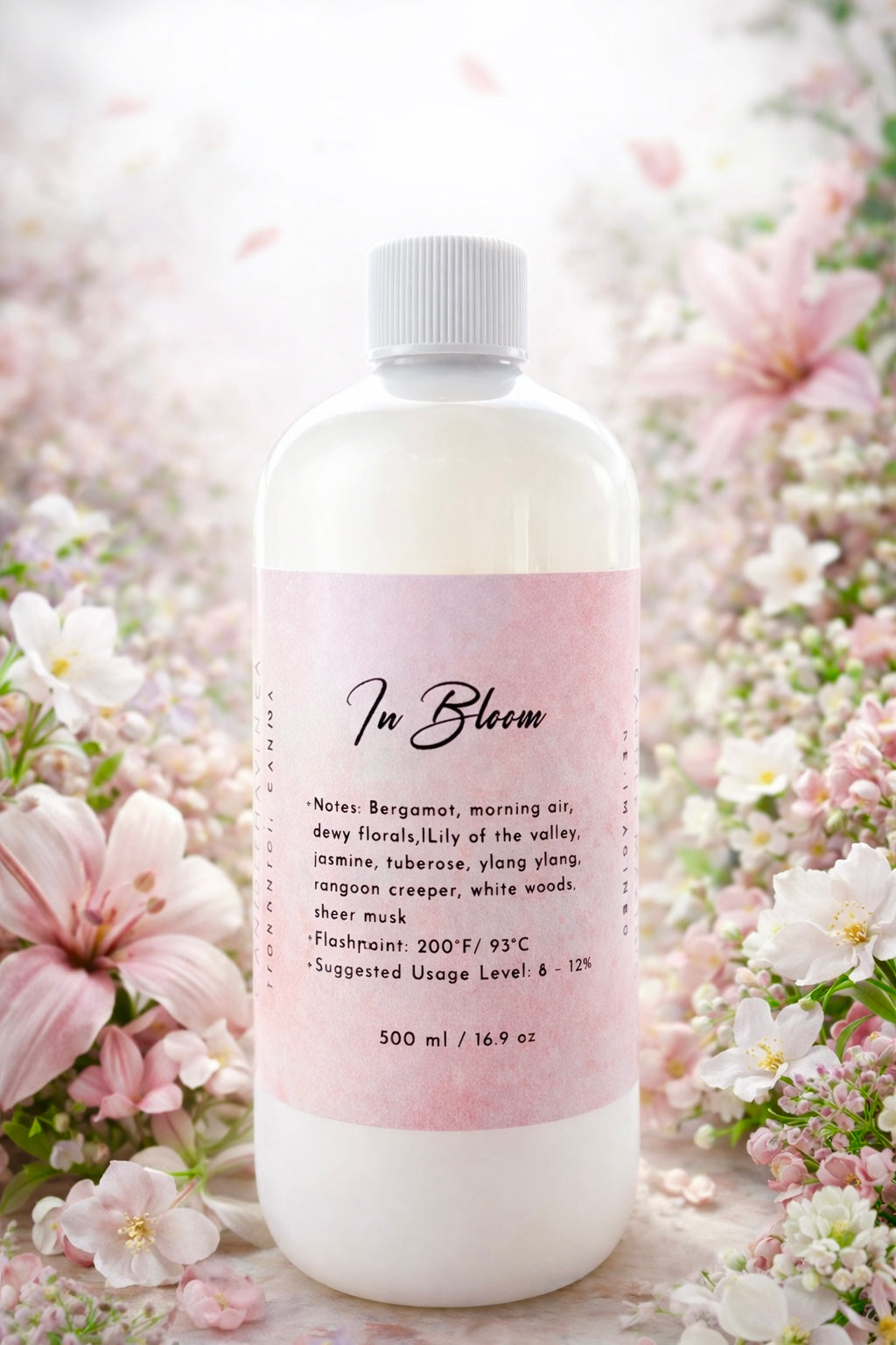 Bottle of 'In Bloom' product with a floral background