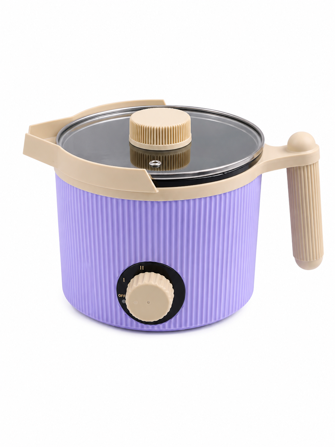 Purple and beige electric wax melter with glass lid on a white background