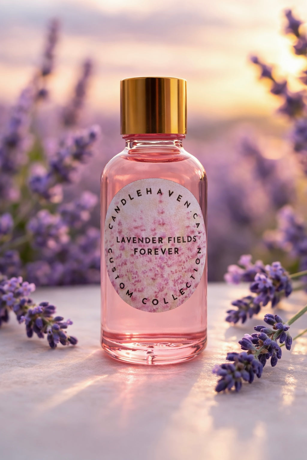 Bottle of 'Lavender Fields Forever' fragrance oil by Candlehaven with lavender flowers in the background