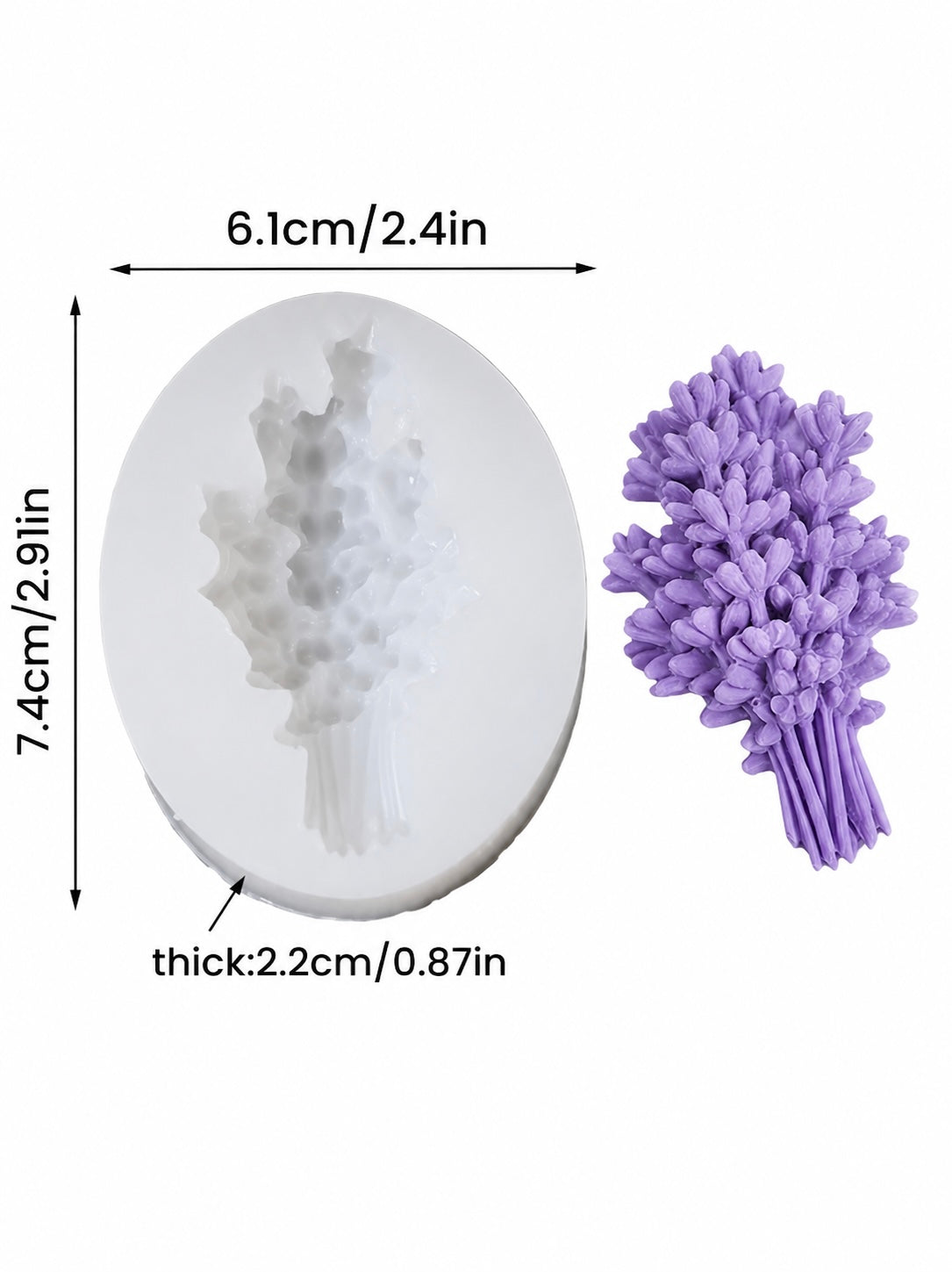 Lavender silicone mold with measurements on a white background