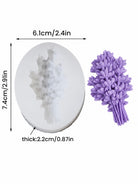 Lavender silicone mold with measurements on a white background