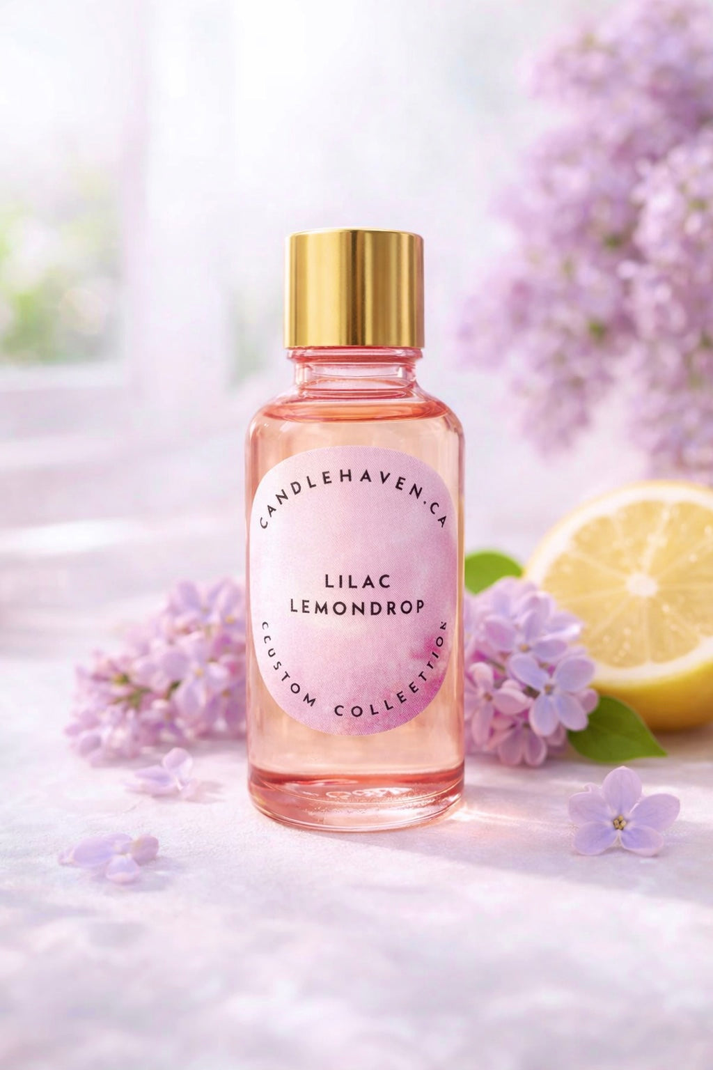 Bottle of Candlehaven Lilac Lemondrop perfume with flowers and lemon in the background