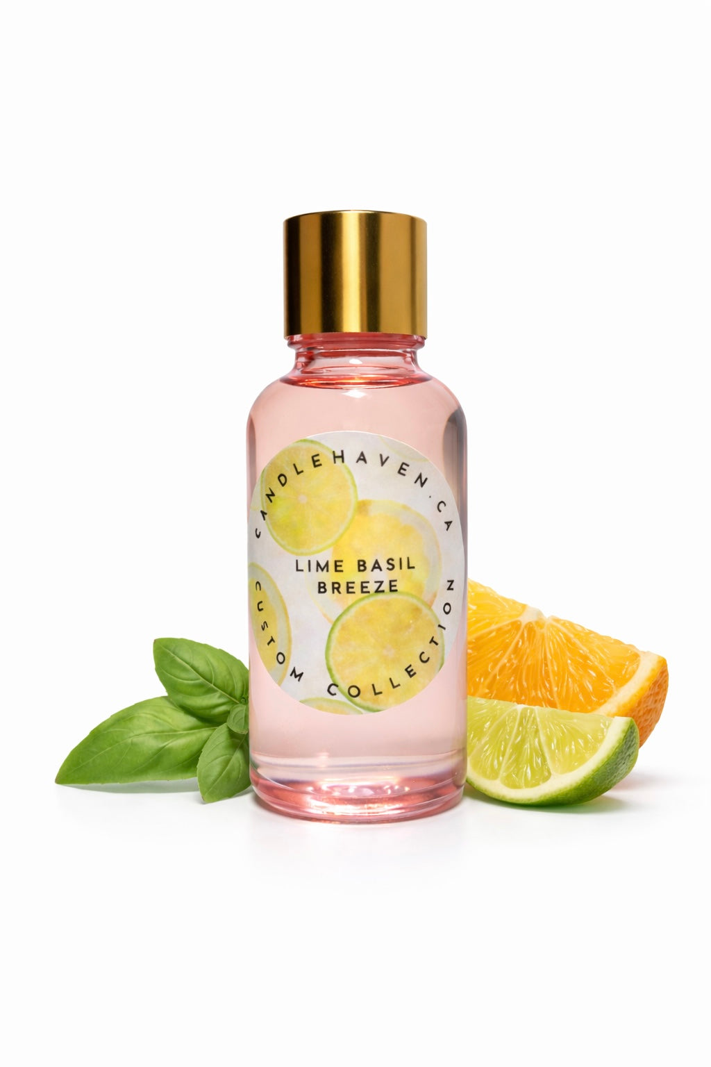 Bottle of 'Lime Basil Breeze' with lime  and orange slices and basil leaves on a white background