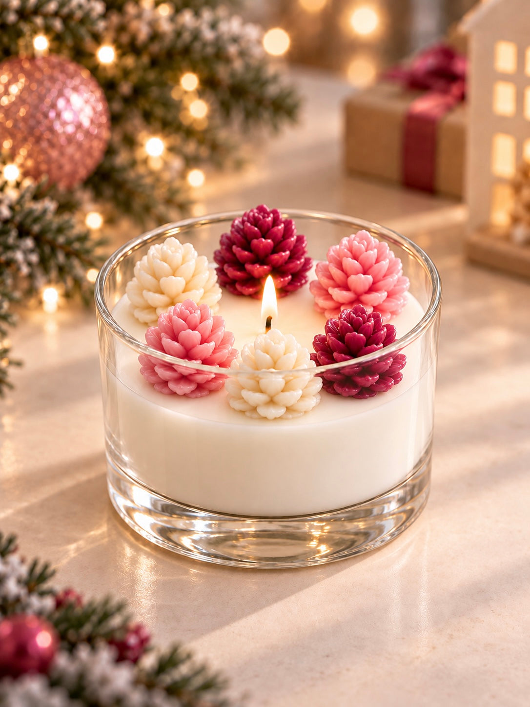 A lit white candle in a clear glass jar, decorated with five pinecone-shaped wax ornaments in cream, pink, and deep magenta. The candle is styled on a tabletop with festive holiday decorations, including pine branches, warm string lights, and a gift box in the background.