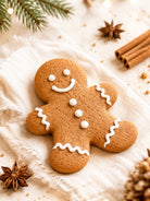 Gingerbread man cookie with white icing on a light background with cinnamon sticks and pine branches depicting candle fragrance oil that smells like Gingerbread 