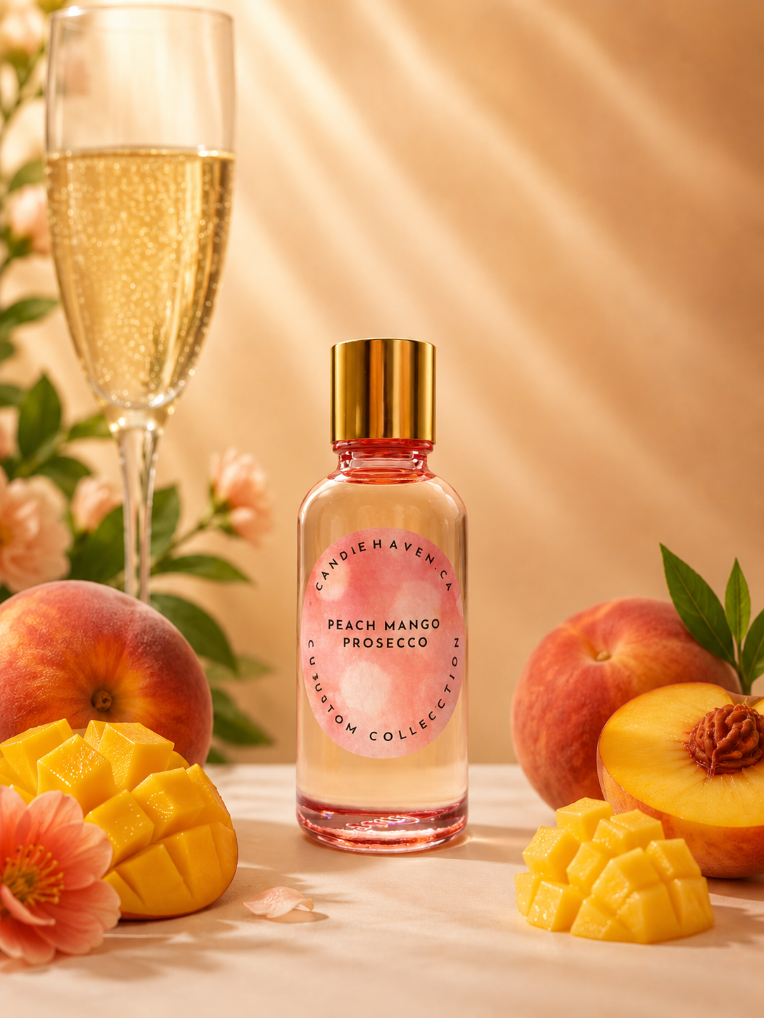 Bottle of Peach Mango Prosecco fragrance oil by candlehaven with peaches, mangoes, and a glass of champagne on a table.